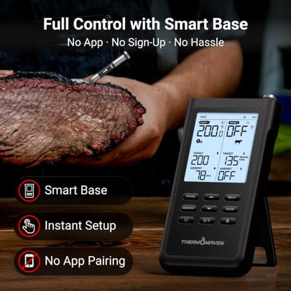 ThermoMaven Sub-1G Wireless Meat Thermometer, No App Needed, 2 Probes | 3000FT Long Range, Digital Smart Base, 6 Sensor NIST Accuracy, IPX8, BBQ Smoker Grill Oven Brisket Steak Turkey Pork Roast - color: Black