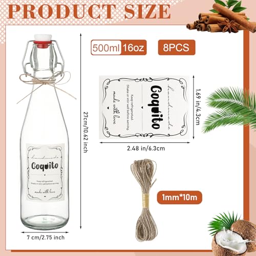 DoubleFill 8 Set Coquito Swing Top Glass Bottles 16 Oz Flip Top Brewing Bottles with Coquito Stickers Wine Airtight Caps for Home Party Milk Eggnog Kefir(Classic) - style: Classic