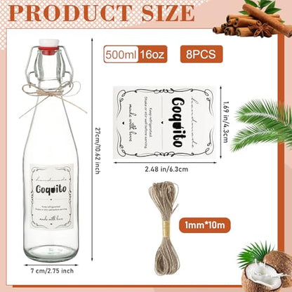 DoubleFill 8 Set Coquito Swing Top Glass Bottles 16 Oz Flip Top Brewing Bottles with Coquito Stickers Wine Airtight Caps for Home Party Milk Eggnog Kefir(Classic) - style: Classic