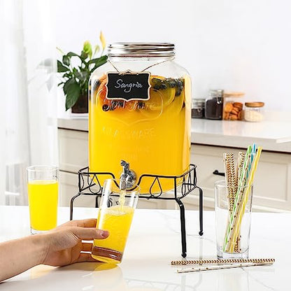 2 Gallon Glass Beverage Dispenser with Stand and Lid, 18/8 Stainless Steel Spigot - Glass Drink Dispensers for Parties - Mason Jar Drink Dispensers with Lids - size: 2 Gallon With Stand