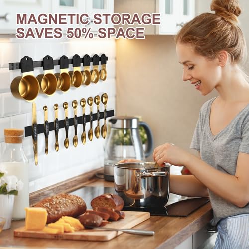 16-Piece Stainless Steel Measuring Cups and Spoons Set, Strong Magnetic Nesting Design 7 Cups 8 Spoons with Leveler, Double Measurement Markings for Dry & Liquid Ingredients, Gold - color: 16-Piece Gold