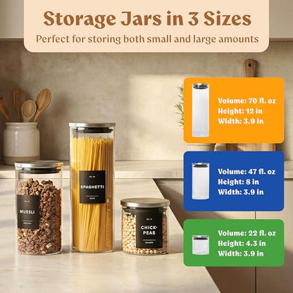 EDELHAUS Glass Storage Containers with Stainless Steel Lids [Extra Thick Glas] with 54 Labels - Canister For Pantry Noodles Flour Cereal Rice Sugar Tea Coffee Beans - Round Set of 5x - color: 5 Pack - Silver Lids