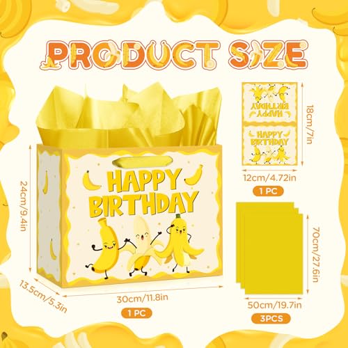 Woosytoo 재미있는 바나나 생일 선물 가방 아동용 아기 만화 바나나 테마 생일 포장지 가방 인사말 카드 포함 유아 과일 생일 베이비 샤워 유치원 교실 파티 장식 - color: 바나나.