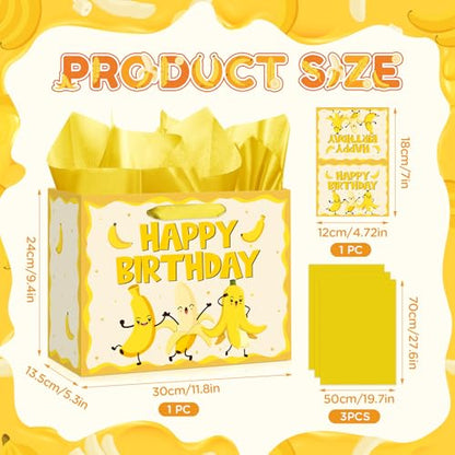Woosytoo 재미있는 바나나 생일 선물 가방 아동용 아기 만화 바나나 테마 생일 포장지 가방 인사말 카드 포함 유아 과일 생일 베이비 샤워 유치원 교실 파티 장식 - color: 바나나.