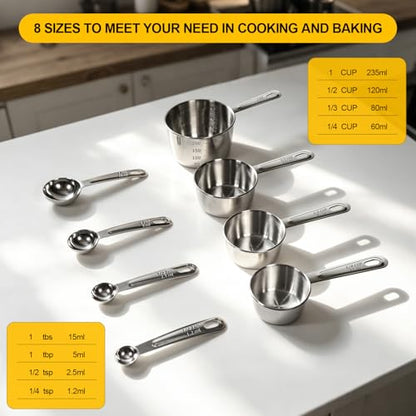 8 PCS Stainless Steel Measuring Cups and Spoons Set, Premium Measure Cups and Spoons Long Handle Stackable Measuring Cups for Kitchen Cooking & Baking, Dry & Liquid Dishwasher Safe