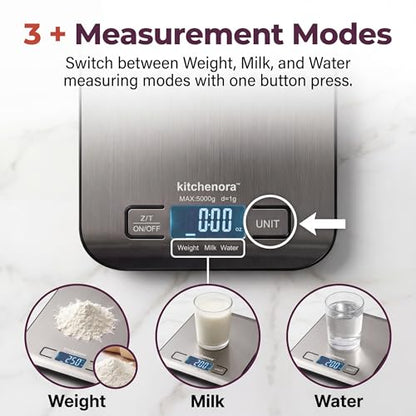 Digital Food Kitchen Scale, 11lb/5kg Capacity with 1g Precision, 5 Units (g/oz/lb:oz/ml/fl'oz), 304 Stainless Steel Surface, Backlit LCD, Tare Function for Cooking, Baking, Keto & Meal Prep