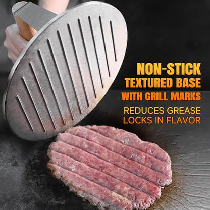 Professional-Grade 8.5-Inch Extra-Large Burger Press – Heavy Duty Stainless Steel Wooden Handle 3.65 lbs Easy to Clean for Hamburger Patties Bacon & Sandwiches Premium Grilling Tool