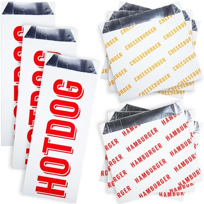 Retro, Grease-Proof Food Wrapper 75 Combo Pack. 25 Each Hamburger, Cheeseburger and Hot Dog Sturdy Bags. Heat Proof, Restaurant Grade, Allergen Friendly BBQ Foil Paper Supply for Themed Party Event