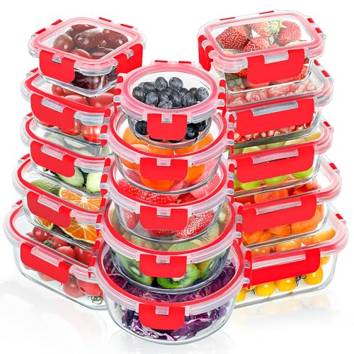 VERONES 30 Pieces Glass Meal Prep Containers Set, Stackable Glass Food Storage Containers with Lids-Airtight Lunch Containers，for Microwave, Oven, Freezer & Dishwasher,Red - color: Red-30