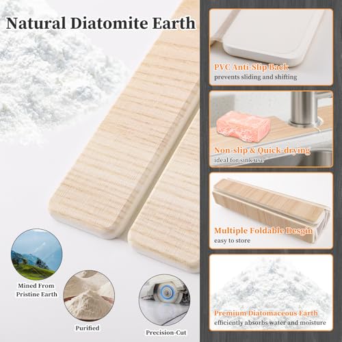 Diatomaceous Stone Drying Mat for Kitchen Counter with Sink Faucet Mat, Wooden Parrten Design Absorbent Quick Dry Dish Drying Mat Set, Diatomite Stone Slat Countertop Pad for Dishes, Cups - color: Wood