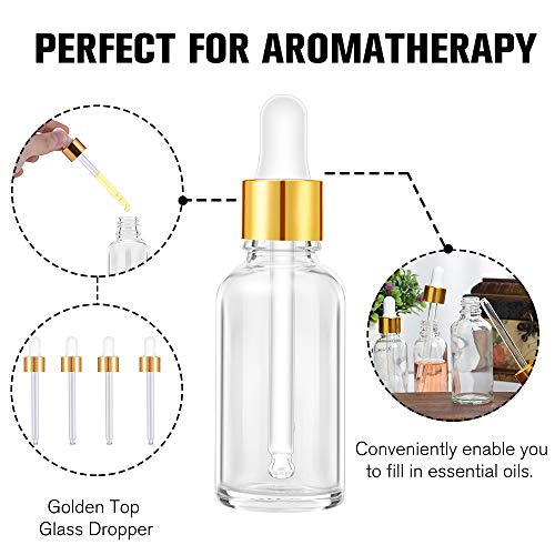 PrettyCare 2 oz Dropper Bottles, 4 Pack Clear Glass Bottles 60ml with Golden Caps, 12 Labels, Funnel & Measured Pipettes-Empty Tincture for Essential Oils & Skincare - color: 2oz Clear, style: 4 Pack