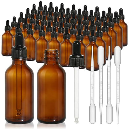48 Pack 2oz Amber Glass Dropper Bottles, 60ml Leakproof Eye Dropper Bottles with Glass Droppers for Essential Oils, Tinctures, Serum, Hair Oil & Travel Liquids - size: 2oz