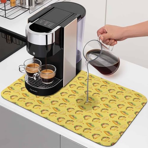 Yellow Tacos Dish Drying Mat for Kitchen Counter, Drying Mats Super Absorbent Microfiber Kitchen Countertop Protector Dishes Pad 12"x16", Cheese Vegetables Cartoon Food - size: 16" x 12"