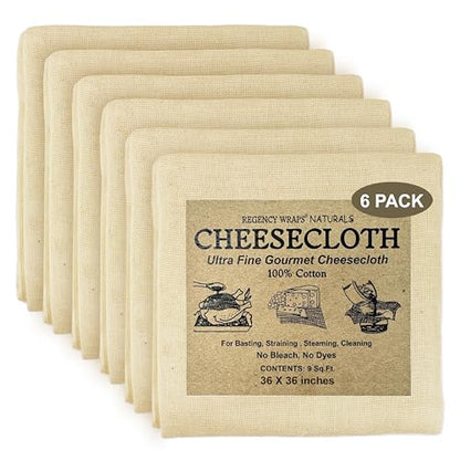 Regency Wraps 100% Cotton Ultra Fine Natural Cheese Cloth, 54 sq.ft 36" X36" 6 pcs, Chef Grade for Basting Turkey, Canning, Straining, Cheesemaking - size: 9 sq ft (Pack of 6)