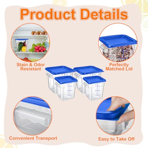 Suclain 8 Pack 4 QT and 6 QT Food Storage Containers with Lids Scales Handles Square Clear Restaurant Food Storage Containers Polycarbonate Commercial Grade for Kitchen Marinating Meat Dough(Blue) - color: Blue