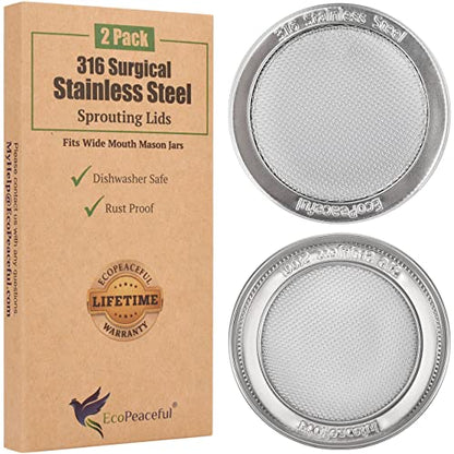 2 Pack ONE-PIECE 316 Surgical Stainless Steel Sprouting Lids for Wide Mouth Mason Jar (Ball Kerr) - One-Piece- Strainer Mesh Lids - Rust-Proof - size: 2 Count (For Wide Mouth Jars 3 3⁄8" Outer ∅)