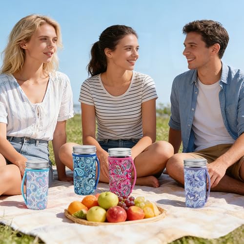 KJQJLY 4 Pcs Mason Jars Sleeves Neoprene 24oz Regular and Wide Mouth Mason Jar Sleeves Holder with Handle (Paisley, 24 OZ) - color: Paisley, size: 24 OZ