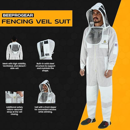 3-Layer Ultra Ventilated Mesh Beekeeping Suit for Men & Women with Veil Sting-Proof Bee Suit with Leather Gloves & Bag - color: White F, size: Medium