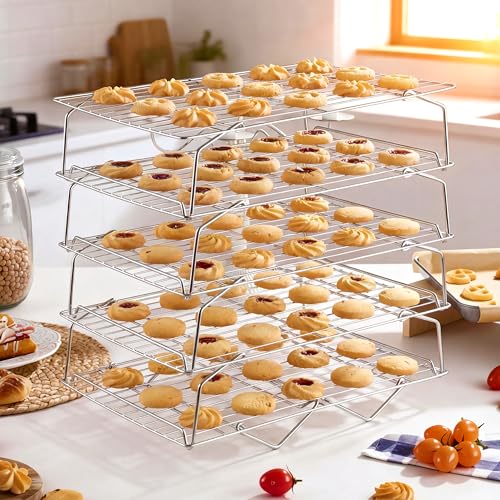 LIANYU Cooling Rack 15"x10", 5-Tier Stackable & Collapsible Stainless Steel Baking Wire Racks for Cooking, Baking, Roasting, Drying, Oven & Dishwasher Safe, Silver