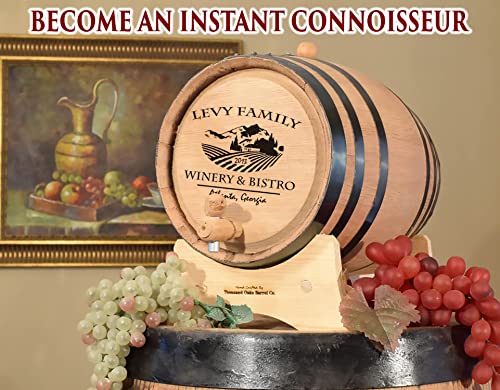 Personalized 1 Liter Oak Aging Barrel with Stand, Bung, and Spigot - Age Wine, Cocktails, Bourbon, Whiskey, Beer and More! Laser Engraved Bistro Design (B314) - size: 1 Liter