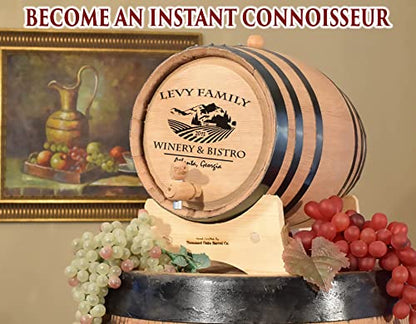 Personalized 1 Liter Oak Aging Barrel with Stand, Bung, and Spigot - Age Wine, Cocktails, Bourbon, Whiskey, Beer and More! Laser Engraved Bistro Design (B314) - size: 1 Liter