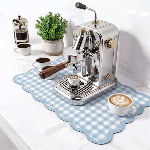 Scalloped Gingham Coffee Mat 12" x 20" Absorbent Coffee Bar Mat Brown Gingham Espresso Matt for Counter(Blue) - color: Blue