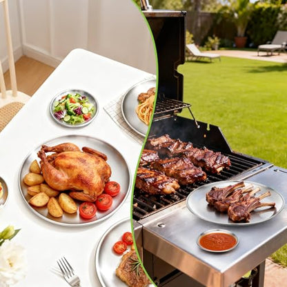 Stainless Steel Plates, 4 Pack 11.8 inch Large 201 Metal Food Serving Plate Set, Reusable Snack Eating Dishes Round Shatterproof Brushed Finish Dish Silver Dinner Lunch Oven Dishwasher Safe - size: 11.8"