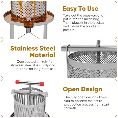 Honey Press, 3.5 Gallon Honey Extractor Manual Stainless Steel Bee Honey Press Extractor Household Manual Mesh Honey Press Extractor Machine for Wine Honey and Juice Making