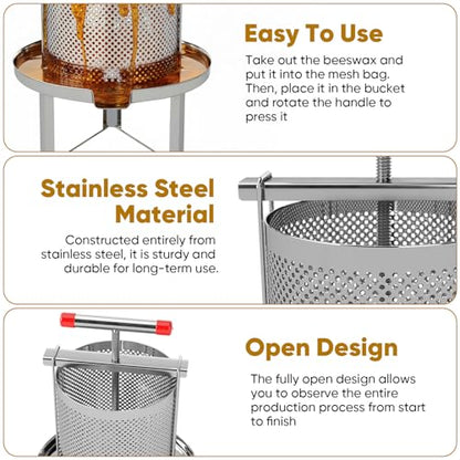 Honey Press, 3.5 Gallon Honey Extractor Manual Stainless Steel Bee Honey Press Extractor Household Manual Mesh Honey Press Extractor Machine for Wine Honey and Juice Making