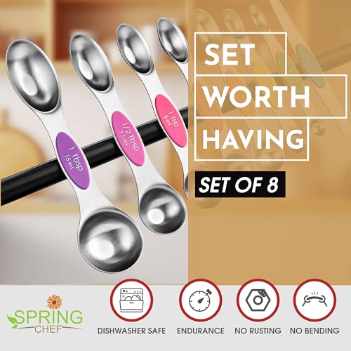 Spring Chef Stainless Steel Magnetic Measuring Spoons Set of 8 with Leveler, Nesting Metal Teaspoon & Tablespoon Measuring Spoons, Kitchen Gadgets for Baking & Cooking, Fits in Most Spice Jars - Neon - color: Neon, size: 1-Pack