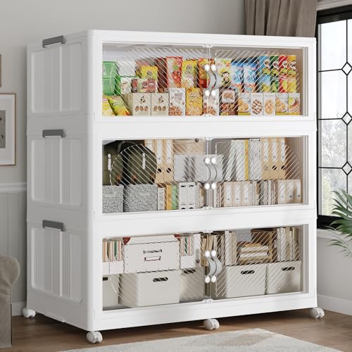 720QT Extra Large Stackable Storage Bins with Lid & Wheels & Doors, 180Gal Foldable Collapsible Closet Organizers, Plastic Cabinet Box Container Drawer for Home Kitchen Bedroom, 3Pack White - color: White, size: 240QT-3Pack