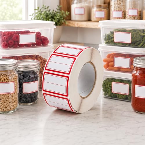 100 Pcs Freezer Labels for Food Containers, 40x25mm Removable Food Storage Stickers, Waterproof Write-On Mason Jar Labels for Refrigerator and Kitchen Organization RED Border (Double Line)