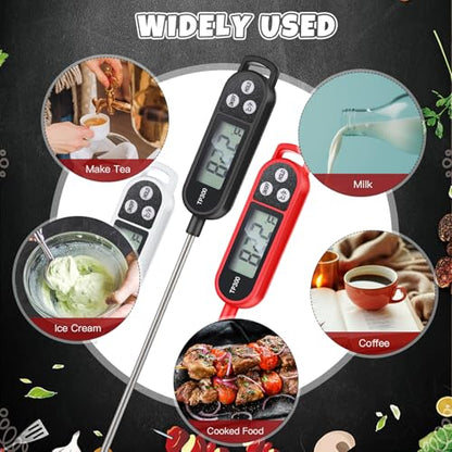 Copkim 12 Pcs Instant Read Meat Thermometer with Long Probe 9.65 Inch Kitchen Cooking Food Candy Waterproof Digital Thermometer for BBQ Water Milk Yogurt Liquid Cooking (Black,White,Red) - color: Black, White, Red
