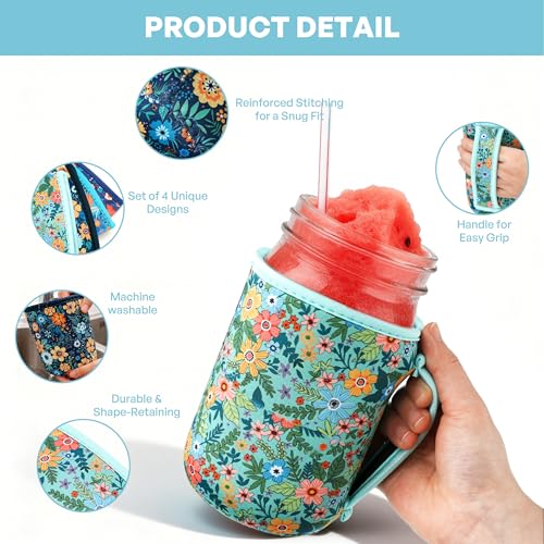KJQJLY 4 Pcs Mason Jars Sleeves Neoprene 32oz Regular and Wide Mouth Mason Jar Sleeves Holder with Handle (Flowers, 32 OZ) - color: Flowers, size: 32 OZ