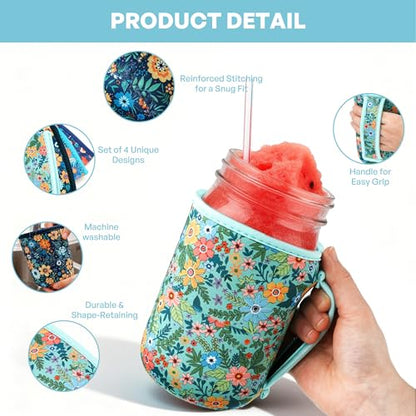 KJQJLY 4 Pcs Mason Jars Sleeves Neoprene 32oz Regular and Wide Mouth Mason Jar Sleeves Holder with Handle (Flowers, 32 OZ) - color: Flowers, size: 32 OZ