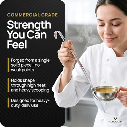 Vollum Metal Ladle Stainless Steel – Heavy Duty One-Piece Large Soup Ladle with Long Handle for Gravy, Stew, Sauce – Kitchen Utensils for Cooking - 16 Ounce (5" Bowl Diameter, 16" Handle Length) - size: 16 Ounce (5" Bowl Diameter, 16" Handle Length)