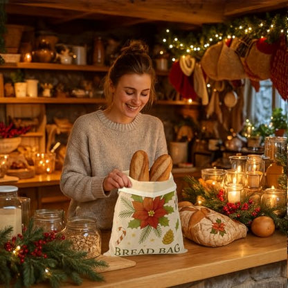 5PCS Christmas Beeswax Bread Bags Set – 2 Reusable Bread Bags + 3 Wax Paper Sheets,Eco-Friendly Beeswax Wraps for Food,Homemade Sourdough,Cheese,Snacks & Fruit,Holiday Gift for Bakers Kitchen Lovers - color: Bread Bags-Christmas