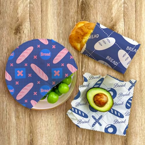 Reusable Beeswax Wraps, Blue & White Bread Bakery Wraps, 9 Pack Eco-Friendly Food Covers, Organic, Sustainable, Zero Waste, Plastic-Free, For Sandwich, Snack, Bowl, 1XL, 3M, 5S - color: Blue Bread