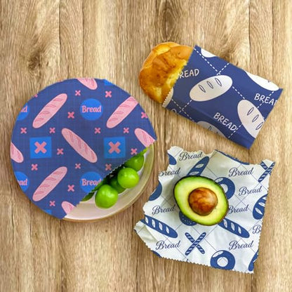 Reusable Beeswax Wraps, Blue & White Bread Bakery Wraps, 9 Pack Eco-Friendly Food Covers, Organic, Sustainable, Zero Waste, Plastic-Free, For Sandwich, Snack, Bowl, 1XL, 3M, 5S - color: Blue Bread