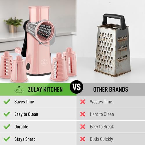 Zulay Kitchen Rotary Cheese Grater 5 Blade Cheese Shredder - Manual Hand Crank Cheese Grater With Reinforced Suction & 5 Interchangeable Drums - Easy to Use, Vegetable Chopper Round Mandoline Slicer - color: Peach & Black