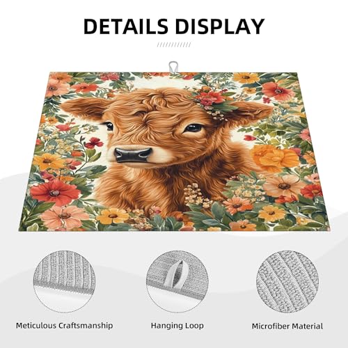 Highland Cow Dish Drying Mat for Kitchen Counter Microfiber Super Absorbent Non-Slip Dish Drying Pad for Countertops Dishes Utensils Stylish Quick-Dry Machine Washable 18x24 Inch - color: Highland Cow