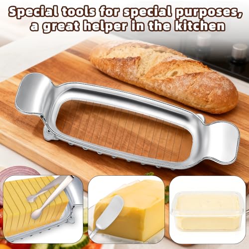 lasuroa 4pcs Butter Slicer Cutter Set with Storage Box, Stainless Steel Knife Spreader, Wire Cheese Slicer and Serving Tongs Kitchen Food Tool for Block Cheese and Butter - style: Butter Slicer+Spreader+Tongs+Storage Box