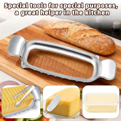 lasuroa 4pcs Butter Slicer Cutter Set with Storage Box, Stainless Steel Knife Spreader, Wire Cheese Slicer and Serving Tongs Kitchen Food Tool for Block Cheese and Butter - style: Butter Slicer+Spreader+Tongs+Storage Box