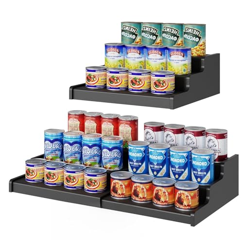 Expandable Bamboo Can Rack Organizer, 3-Tier Adjustable Pantry Storage, Can Holder for Kitchen & Pantry, Canned Food Soda Organizer, Holds Up to 24 Cans, Black (Patent Pending) - color: Black, size: 12.4"-24"W × 10.8"D × 4.5"H