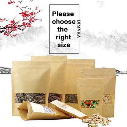 100 Pcs Resealable Stand Up kraft Paper Bags with Window for Packaging Products, Reusable Zip Lock Food Storage Pouch Bags (5.5" x 8.6") - size: 5.5" x 8.6"