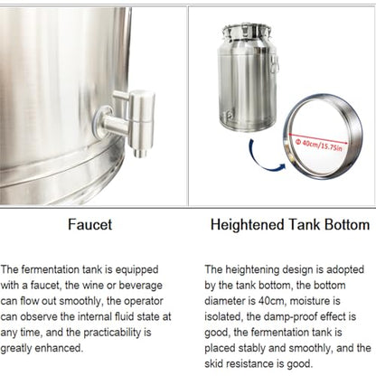 INTBUYING 9 Gal Wine Fermentation Tank 304 Stainless Steel Beer Brewing Fermentation Tanks with Exhaust Pipe Sealing Lock Fastener for Beer Wine Yogurt Milk Juice - size: 9gal
