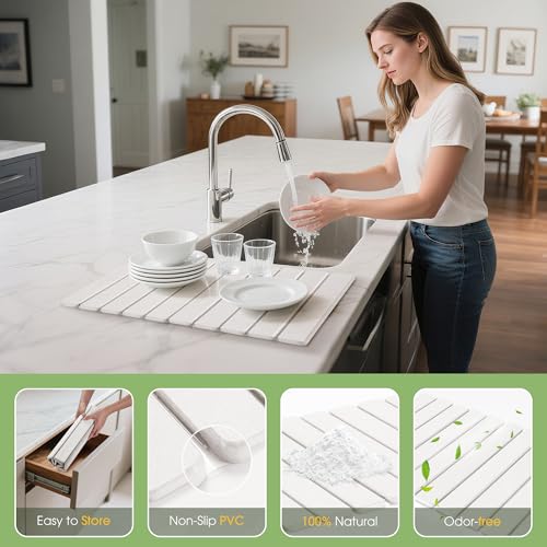 HABUTWAY Large Stone Dish Drying Mat for Kitchen Counter – 24"×16" Collapsible Diatomaceous Earth Mat, Ultra Absorbent & Quick Dry, Foldable Drying Pad for Dishes, Bottles, Cups (White) - color: White