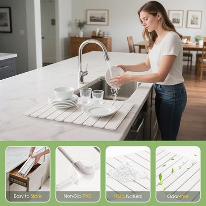 HABUTWAY Large Stone Dish Drying Mat for Kitchen Counter – 24"×16" Collapsible Diatomaceous Earth Mat, Ultra Absorbent & Quick Dry, Foldable Drying Pad for Dishes, Bottles, Cups (White) - color: White