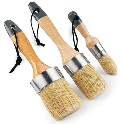 Mister Rui Chalk Paint Brushes, 3 Pack Wax Brush Set, Round Paint Brush Use with All Paints, Natural Bristle Brush for Painting, Stencils, Waxing, Home Decor, DIY Art Crafts - size: 1.2"1.9"2.4"
