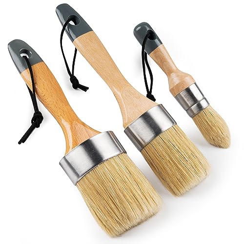 Mister Rui Chalk Paint Brushes, 3 Pack Wax Brush Set, Round Paint Brush Use with All Paints, Natural Bristle Brush for Painting, Stencils, Waxing, Home Decor, DIY Art Crafts - size: 1.2"1.9"2.4"